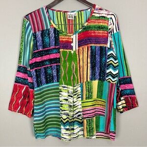 Parsley & Sage Patchwork Print Top Women’s Size S Art to Wear V-Neck Lightweight